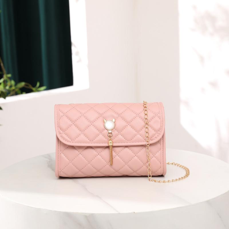 Sweet and Fashionable Embroidered Rhombus Small Square Bag Cat Head Fringed Pendant Messenger Women's Bag Mobile Phone Change Bag