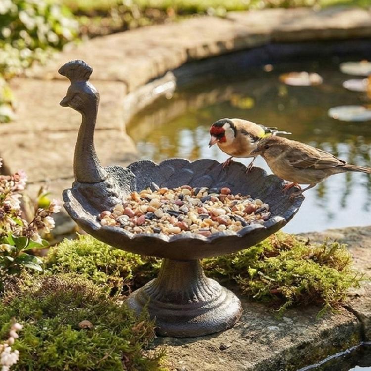 Elegant Peahen Theme Cast Iron Bird Feeder Feeding Station For Garden Landscaping And Wildlife Bathing and Resting