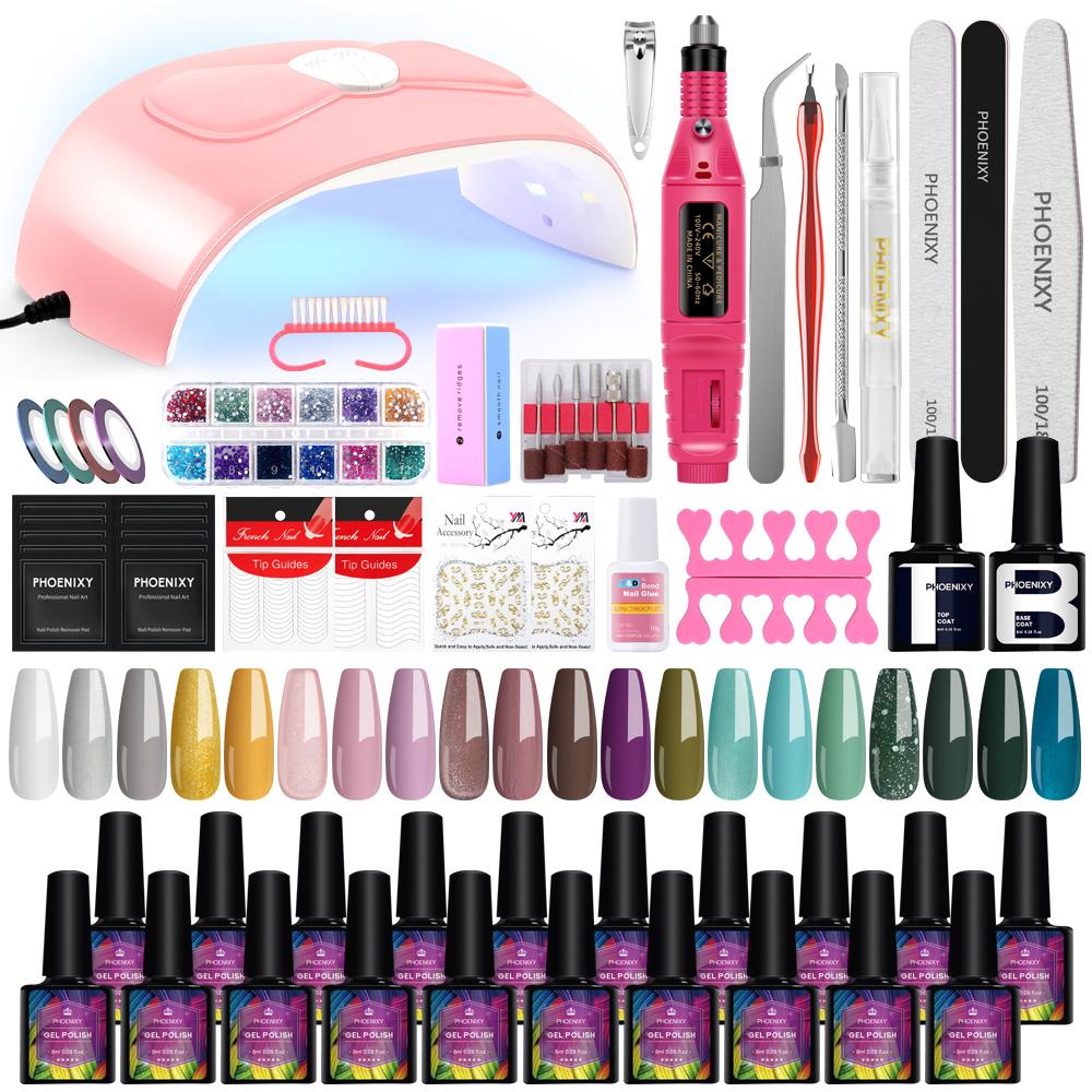 Set de manichiură profesional PHOENIXY cu lampă pentru unghii Set de lac de unghii cu gel Instrumente complete pentru unghii pentru design de artă a unghiilor Lampă LED/UV