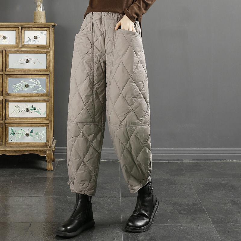 Women's Loose Rhombus‑Quilted Down Cotton Pants Windproof Warm Thick Elastic Waist Casual Winter Trousers