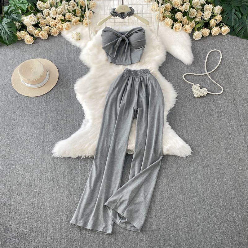 Pure Desire Style Sexy Lace-up Short With Chest Pad Tube Top Hanging Neck Top + High Waist Slimming Wide Leg Pants Two-piece Suit