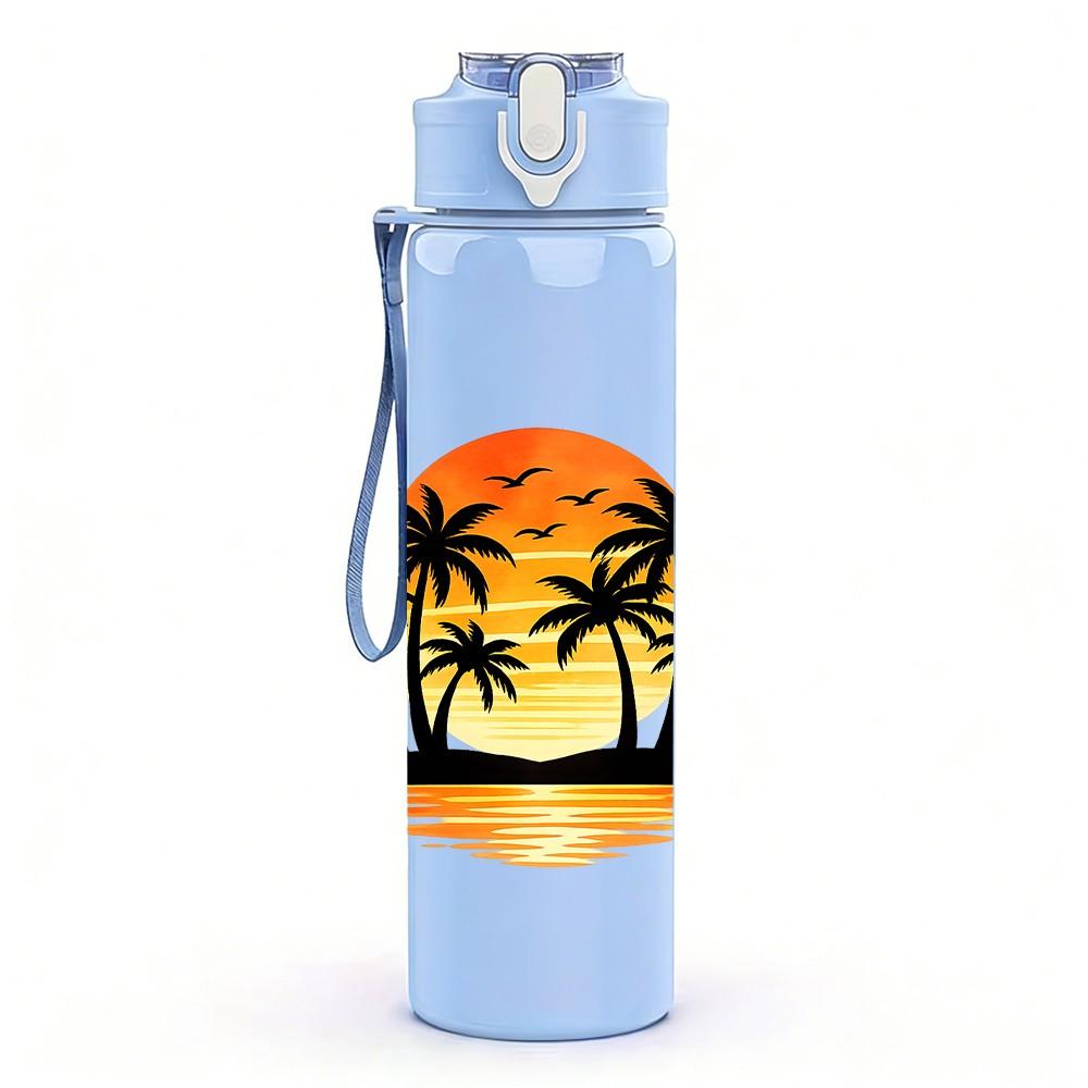 1PC Palm Tree Sunset Tropical Scenery Print 750ml Color Plastic Sports Water Bottle Leakproof Flip Straw Lid Suitable for Sports Office Home Use
