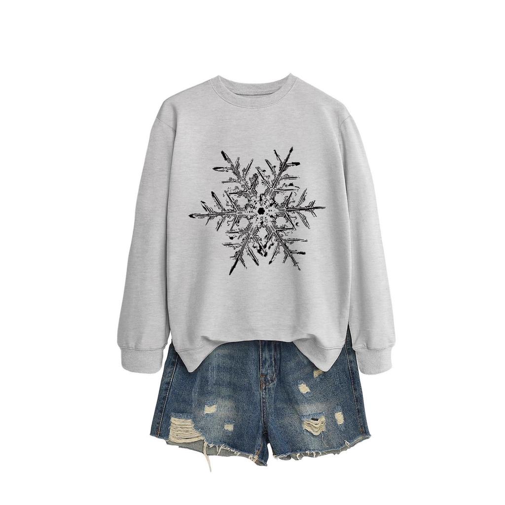 Women's Black & White Snowflake Round Neck Long Sleeve Hoodie - Christmas Casual Fashion for Autumn/Winter.