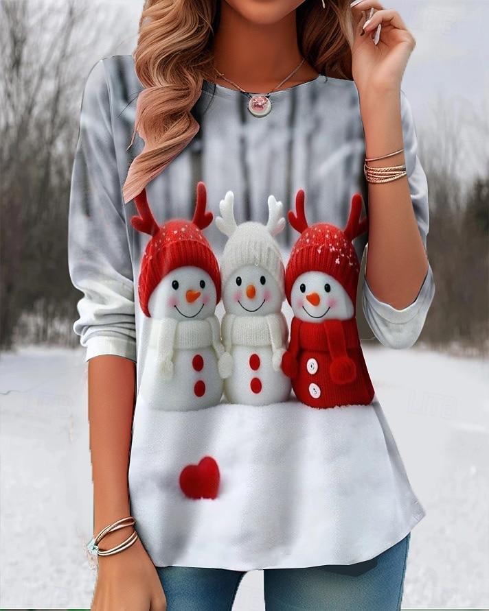 Women's Holiday Santa Print Top, 2025 Christmas Snowflake Long Sleeve T-Shirts, Festive Winter Wear, Seasonal Casual Style