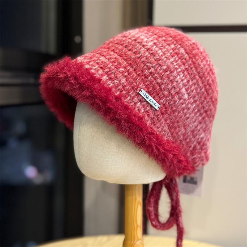Knitted Strap Bucket Hat Autumn New Hat Women Show Small Face Warm Versatile Wool Hat Windproof Basin Hat Trend