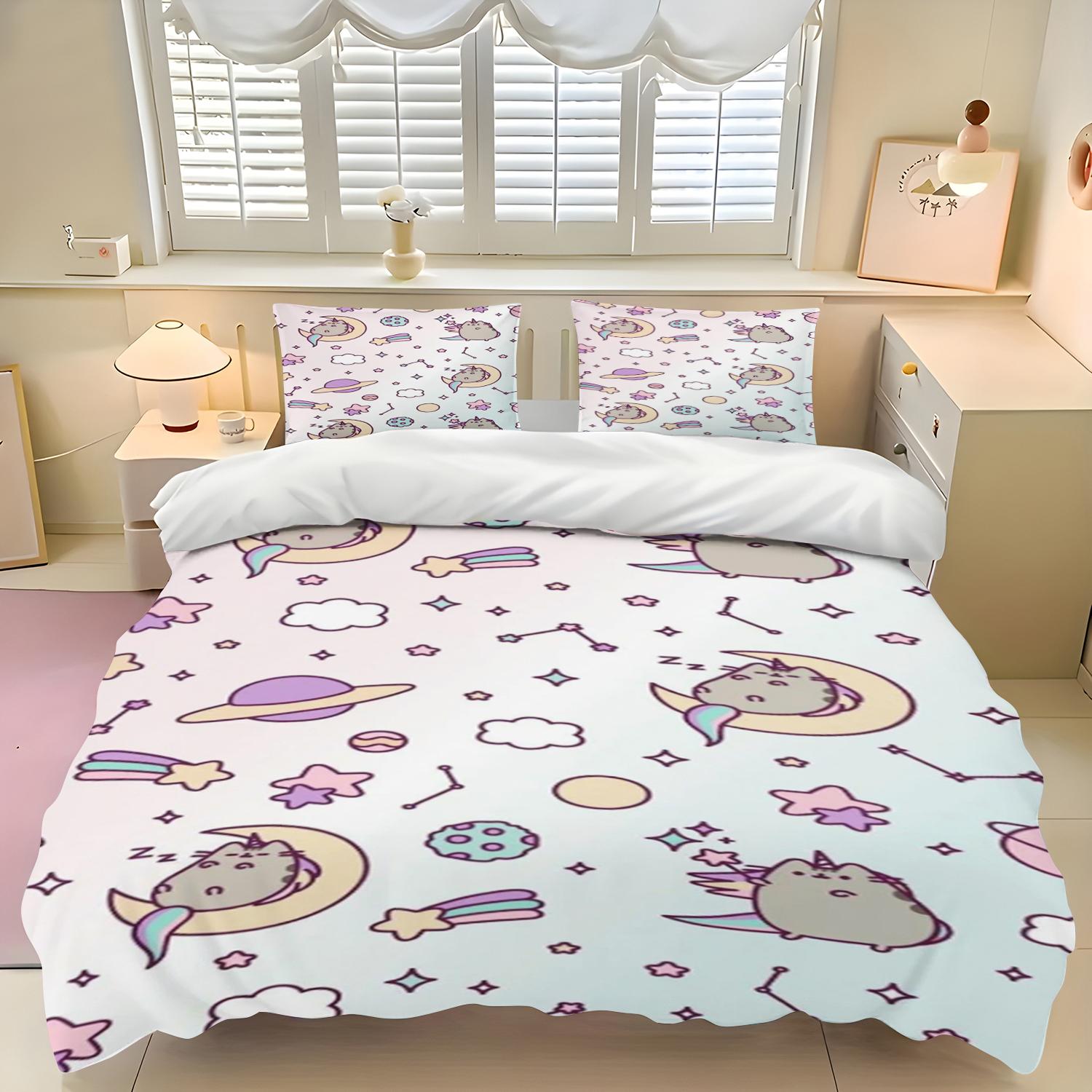 Комплект постельного белья P-PusheenS Кот Пододеяльник Наволочка Мультяшный Взрослый Мальчик Девочка Декор спальни Детский Односпальный Двуспальный Большой Размер 90X200cm