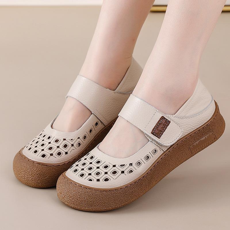 Fashion New arrival cutout cow leather sandals women summer mary jane flats shoes woman hook loop soft loafer ladies breathable sandals
