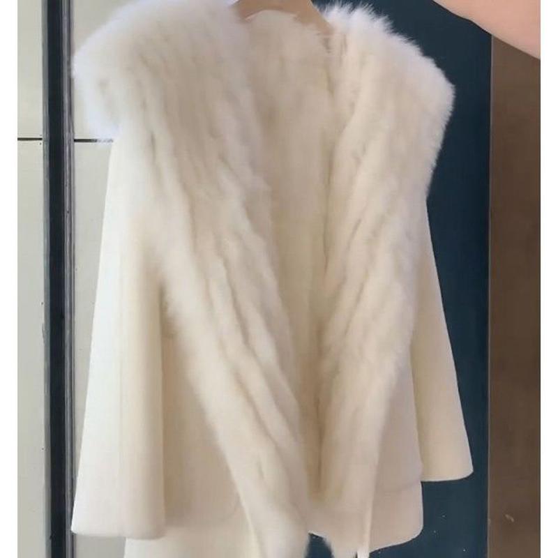 Rosa Kapuzenmantel Damen Herbst Winter Wollmantel Pelzmantel Duftender Wind Hochwertig Leicht Kurz Kragen