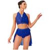 S-XXL Women's Dancewear Set: Sleeveless Halter Ruched Crop Top & Sparkly Rhinestone Irregular Hem Skirt with Built-in Briefs for Lyrical Performance