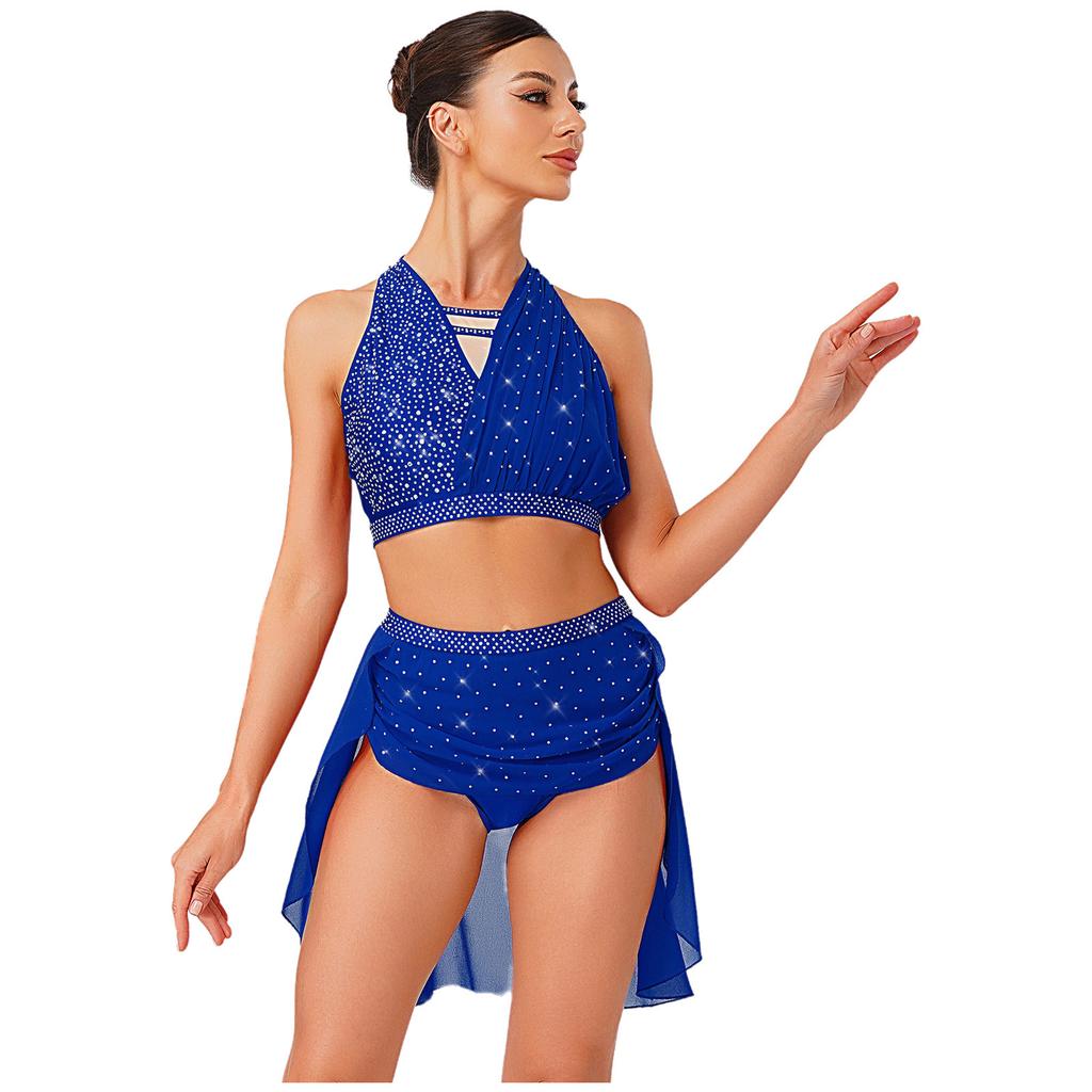 S-XXL Women's Dancewear Set: Sleeveless Halter Ruched Crop Top & Sparkly Rhinestone Irregular Hem Skirt with Built-in Briefs for Lyrical Performance