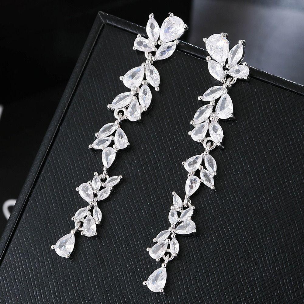 Shiny Crystal Leaf Shape Bracelet Silver Color Wristlet Plant Design Dangle Earrings  Gift Bangle