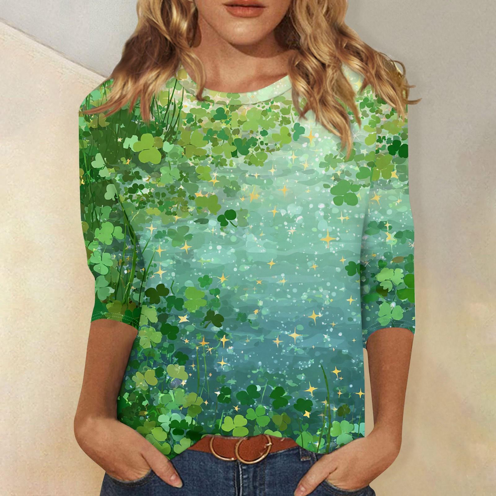 

Women s Fashionable Casual St. Patrick s Day Print Neck Three-Quarter Sleeve T-Shirt Top XL білий