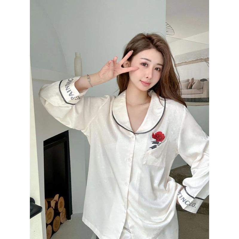 Frühling Neu Eis Seide Dünn Liebe Jacquard Champagner Rose Pyjama Damen Langarm Hauskleidung Anzug Oberbekleidung