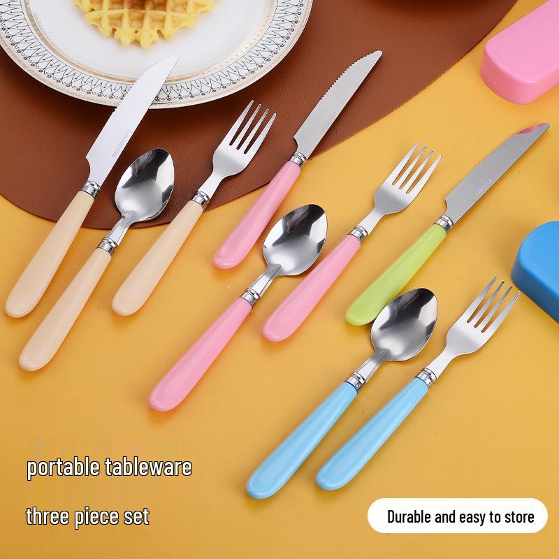 Portable Stainless Steel 3-Piece Cutlery Set: Knife, Fork, Spoon for Travel, Office, and School with Carry Box