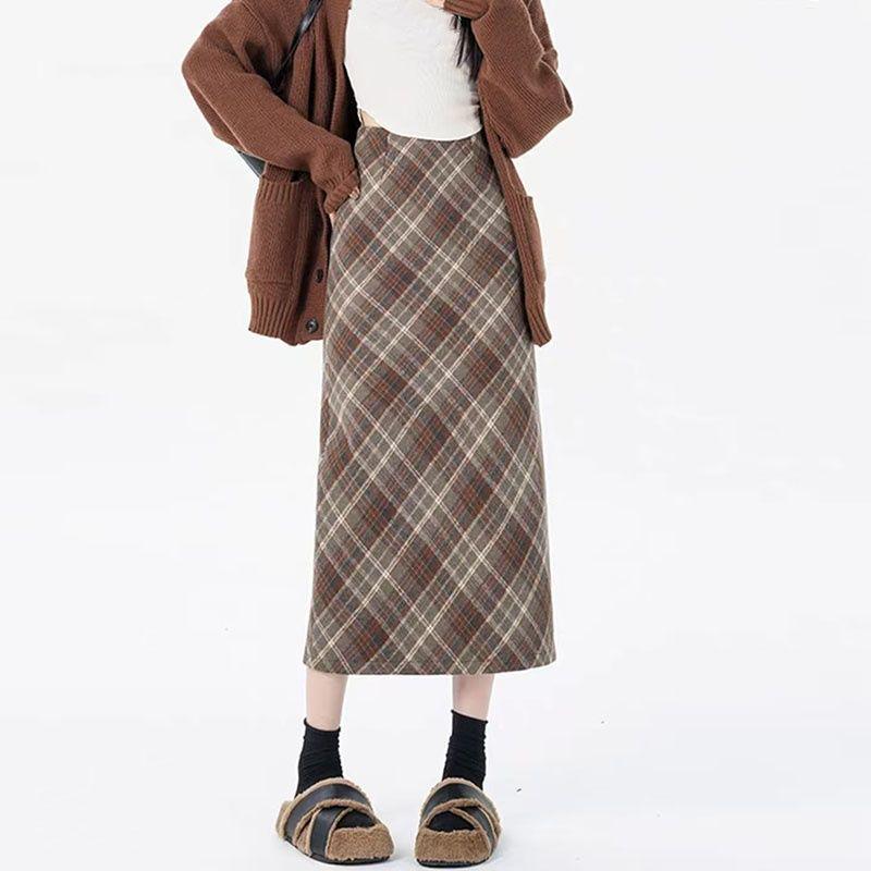 2025 Spring/Autumn High Waist Slit A-line Wool Plaid Midi Skirt for Women