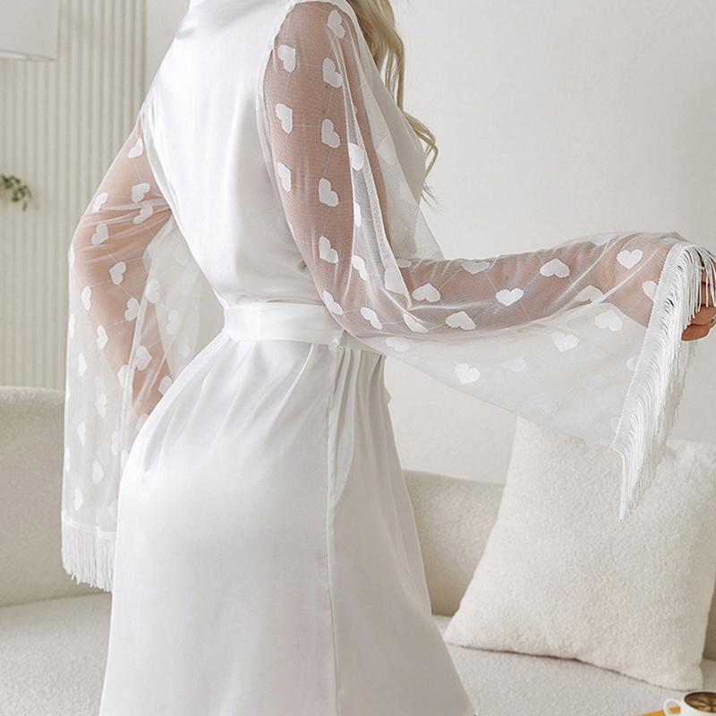 Women's  Tassel Long Sleeve Mesh and Silk Bridal Morning Robe