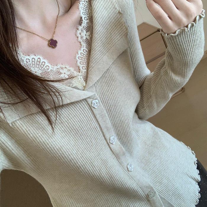 Women's High-End French Lace Knit Patchwork Top - Ruffled, Two-Piece Look, Ideal for Autumn/Winter
