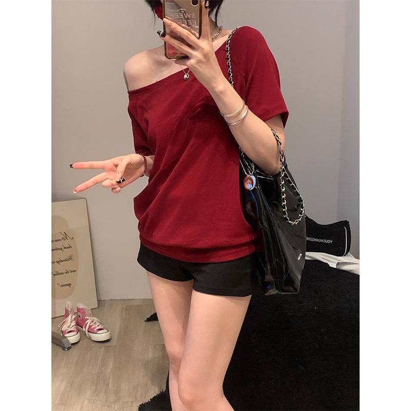 

Женская летняя белая футболка с открытыми плечами 2025 года — однотонная, с короткими рукавами, свободного кроя, утягивающий дизайн XL (Up to 150 lbs)