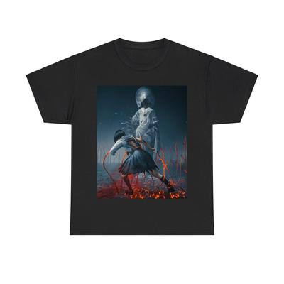 Dark Fantasy T-Shirt Herren Übergroßes Grafik-Tee Streetwear Anime Horror Samurai-Mädchen vs Geist Print Kurzarm Baumwoll-Top Retro