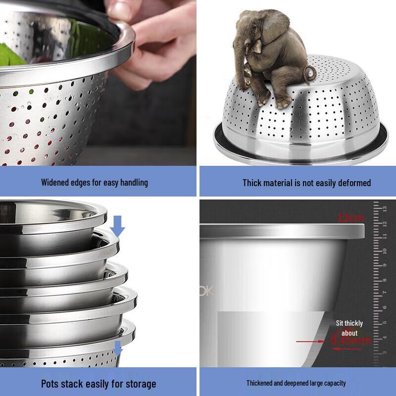Meichu 304 Stainless Steel Basin and Sieve 4-Piece Set