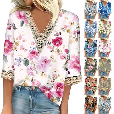 Women's Vintage Print Lace Top With Three-quarter Sleeves Top