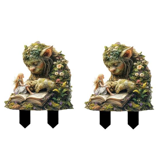 2Pcs Fairy Troll Garden Stakes Reading Troll And Fairy Yard