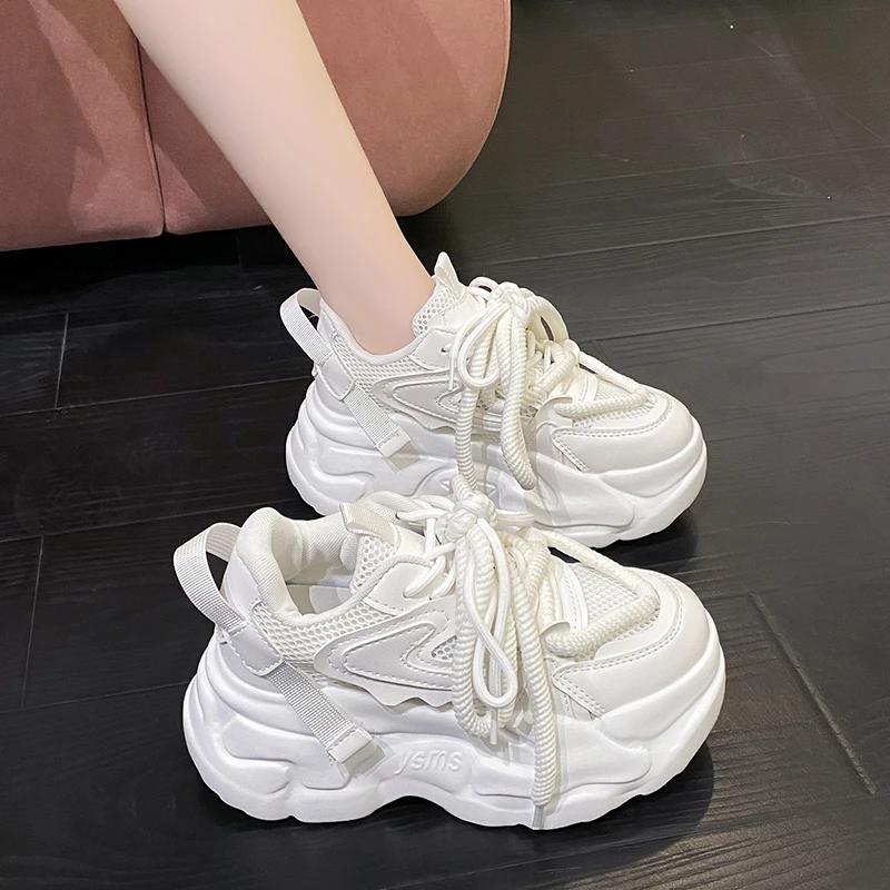 High Platform Sneakers Women Spring Autumn Lace Up Comfort Ventilate Non-slip Wedges Height Increasing Shoes Footwear