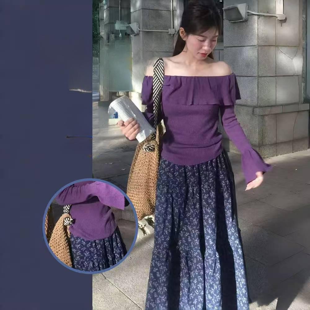 Gentle Vintage Cottagecore Floral Midi Skirt for Women - High-Waist Purple Tiered Cake Long Skirt
