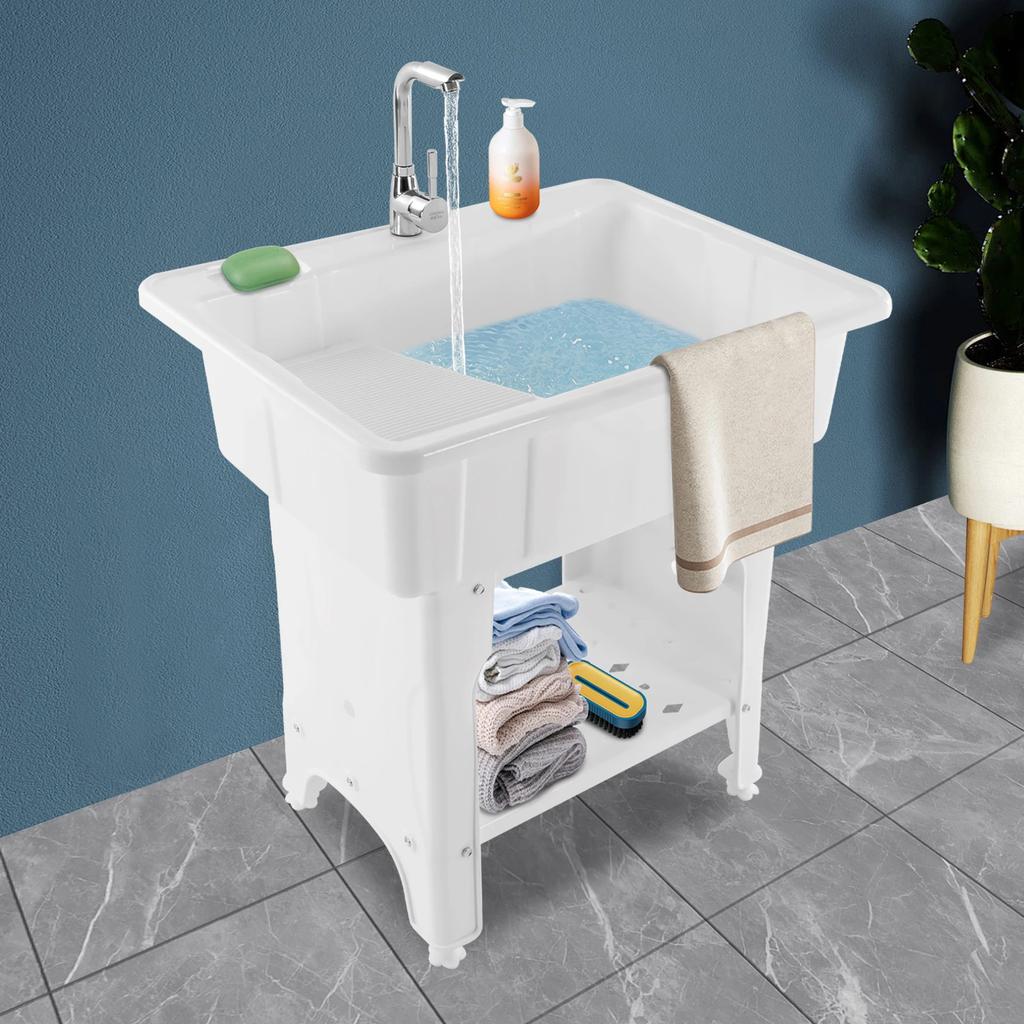 Portable Utility Sink Laundry Tub, Outdoor Freestand Utility Sink Plastic Laundry Sink White 70kg/154lbs for laundry, bathrooms