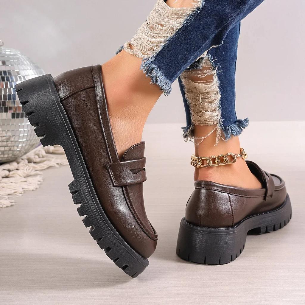 2025 Casual Platform Loafers WomanBritish Style Black Brown PU Leather Shoes for Women Comfort Slip on Flats Zapatos De Mujer