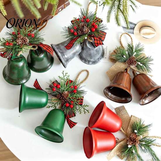 Holiday Party Door Decor Christmas Bell Ornaments, Metal Double Jingle Bells Xmas Tree Hanging Wreath Accessories Decoration with Pinecones