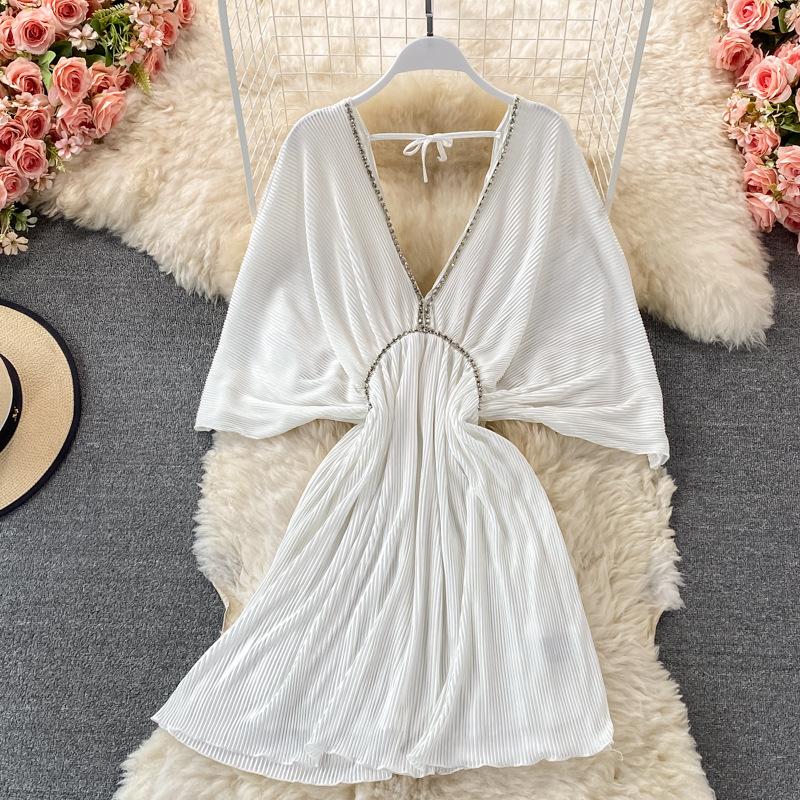 

Высококачественное сексуальное темпераментное свободное плиссированное платье с v-образным вырезом и открытой спиной на талии и рукавами «летучая мышь» One Size