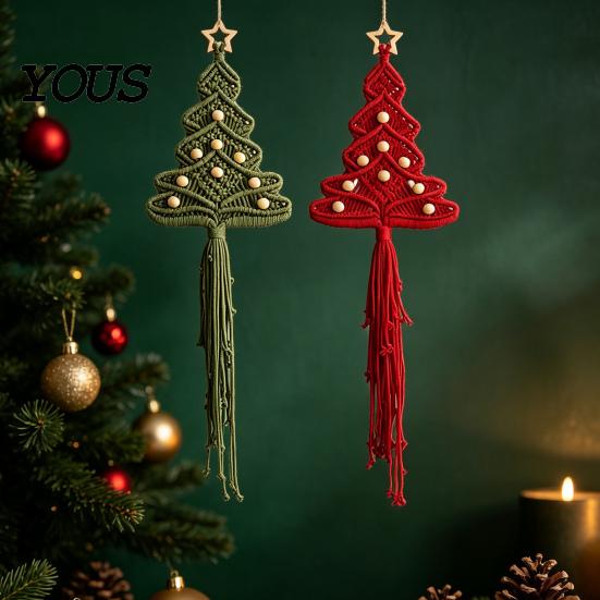 Christmas Tree Hanging Decorations Braided DIY Kit, Make 2 Cotton Rope Trees, Boho Knot Craft Handmade Ornament Making Kit Set with Wooden Beads