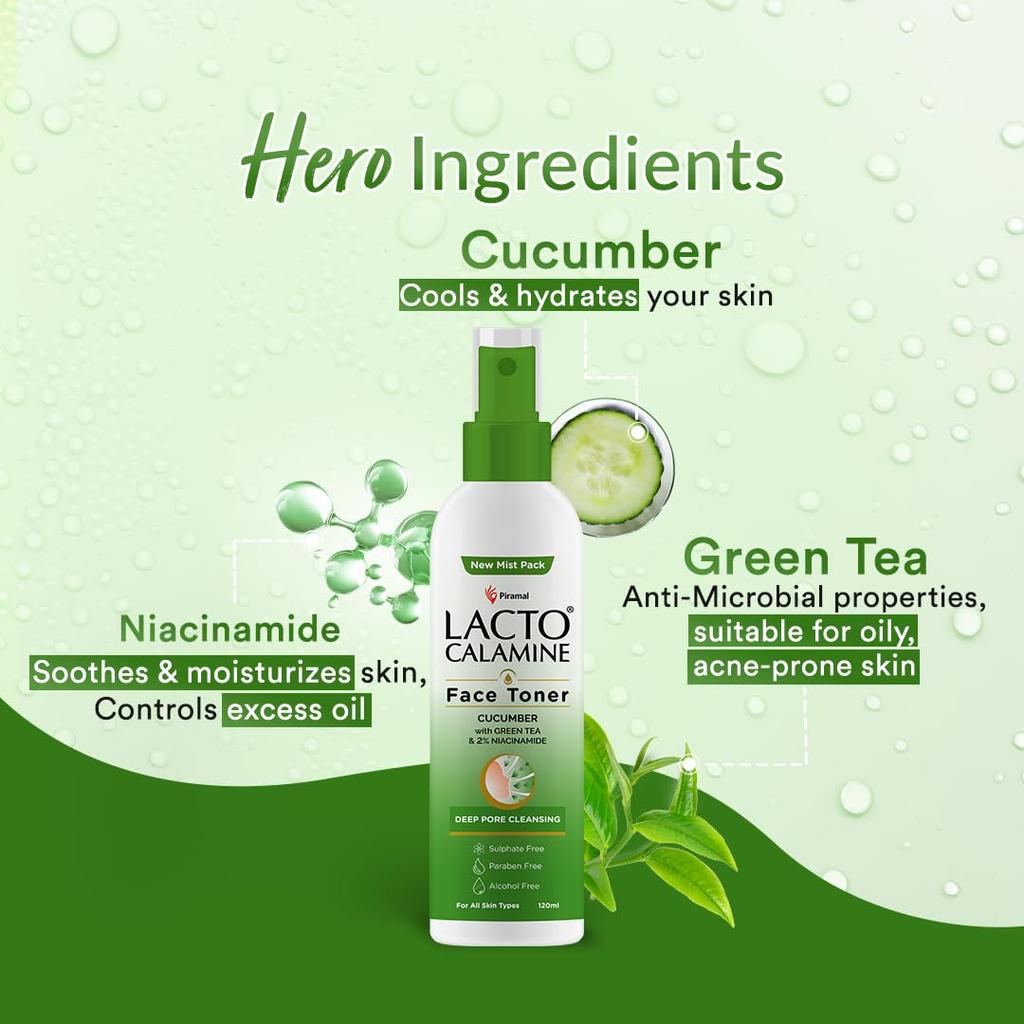 Lacto Calamine Cucumber Face Toner 120ml Pack of 1 | Deep Pore Cleansing & Pore Tightening With Green Tea