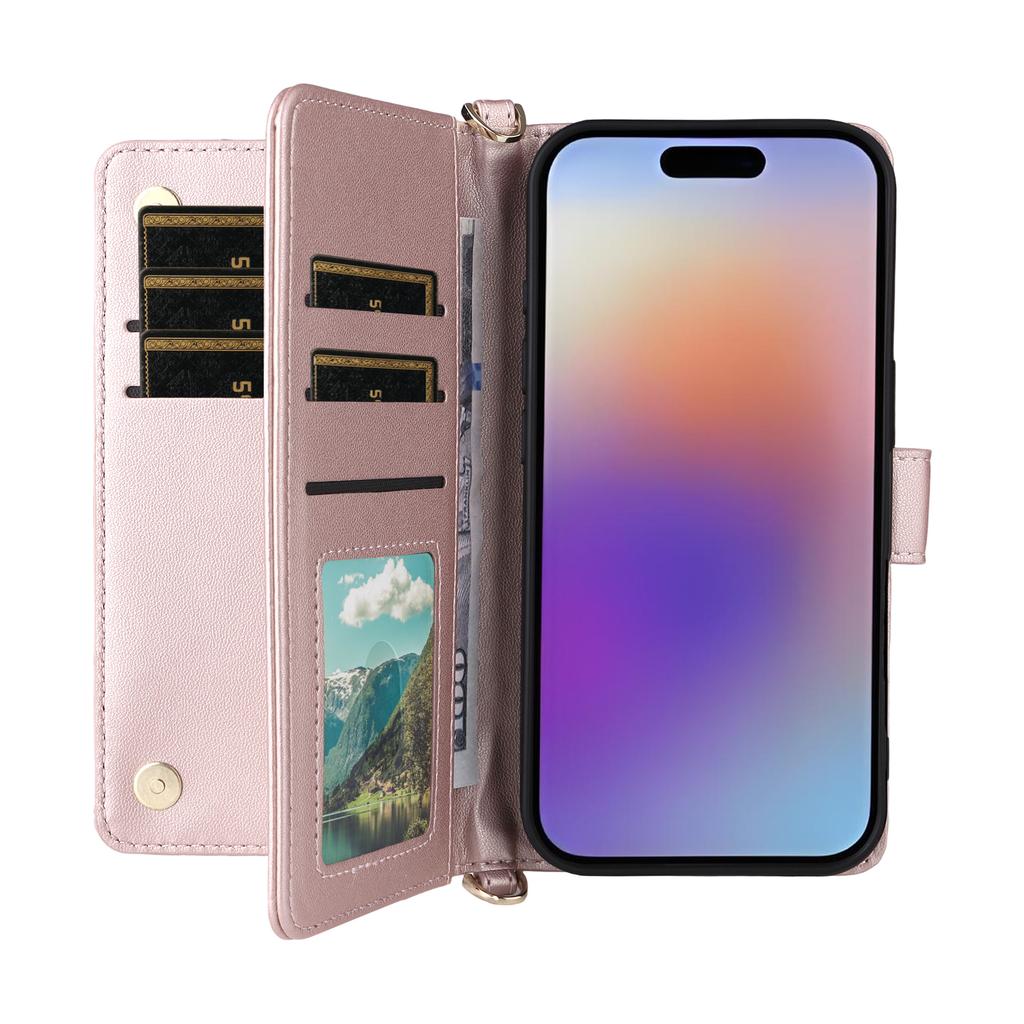 For iPhone 17 Case with Shoulder/Wrist Strap Leather Phone Cover Stand Wallet