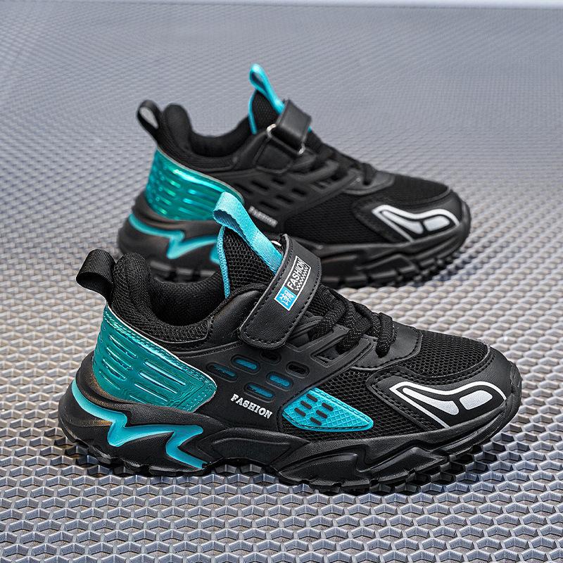 Children's Sports Shoes 2025 New Spring and Autumn Running Shoes Double Mesh Leather Surface Breathable Middle and Older Children's Fashion Velcro N