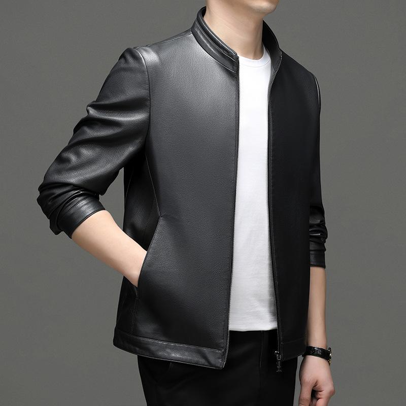 Leather Jacket Spring and Autumn Stand Collar Leather Jacket Men's Casual Middle-aged Dad Wear Sheepskin Leather Jacket