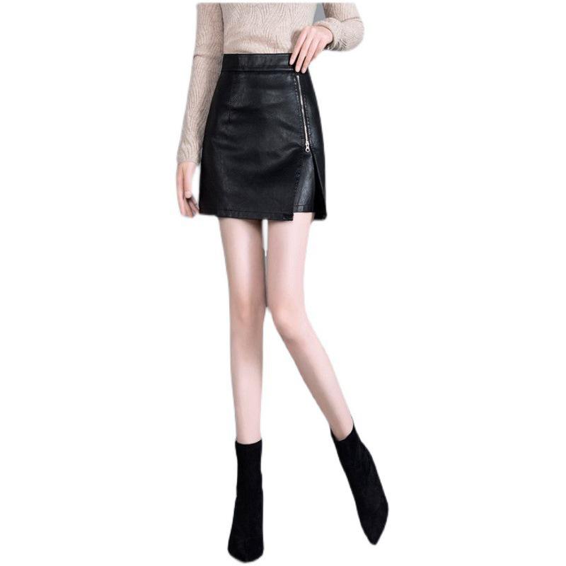 Korean Style High Waist Leather Midi Skirt with Slit - Women’s Autumn/Winter A-line Black Skirt