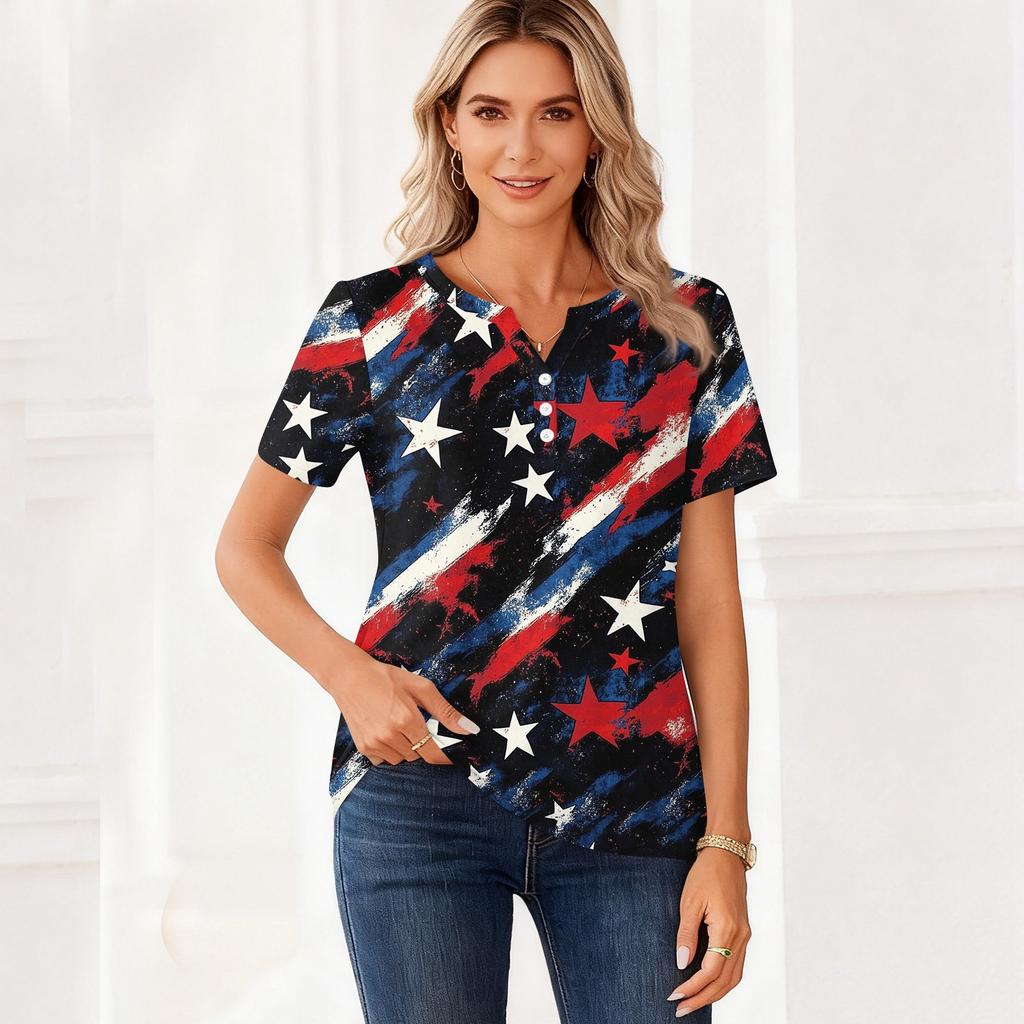 Women's T Shirt Independence Day Print Button Short Sleeve Daily Weekend Fashion Basic V- Neck Regular Top