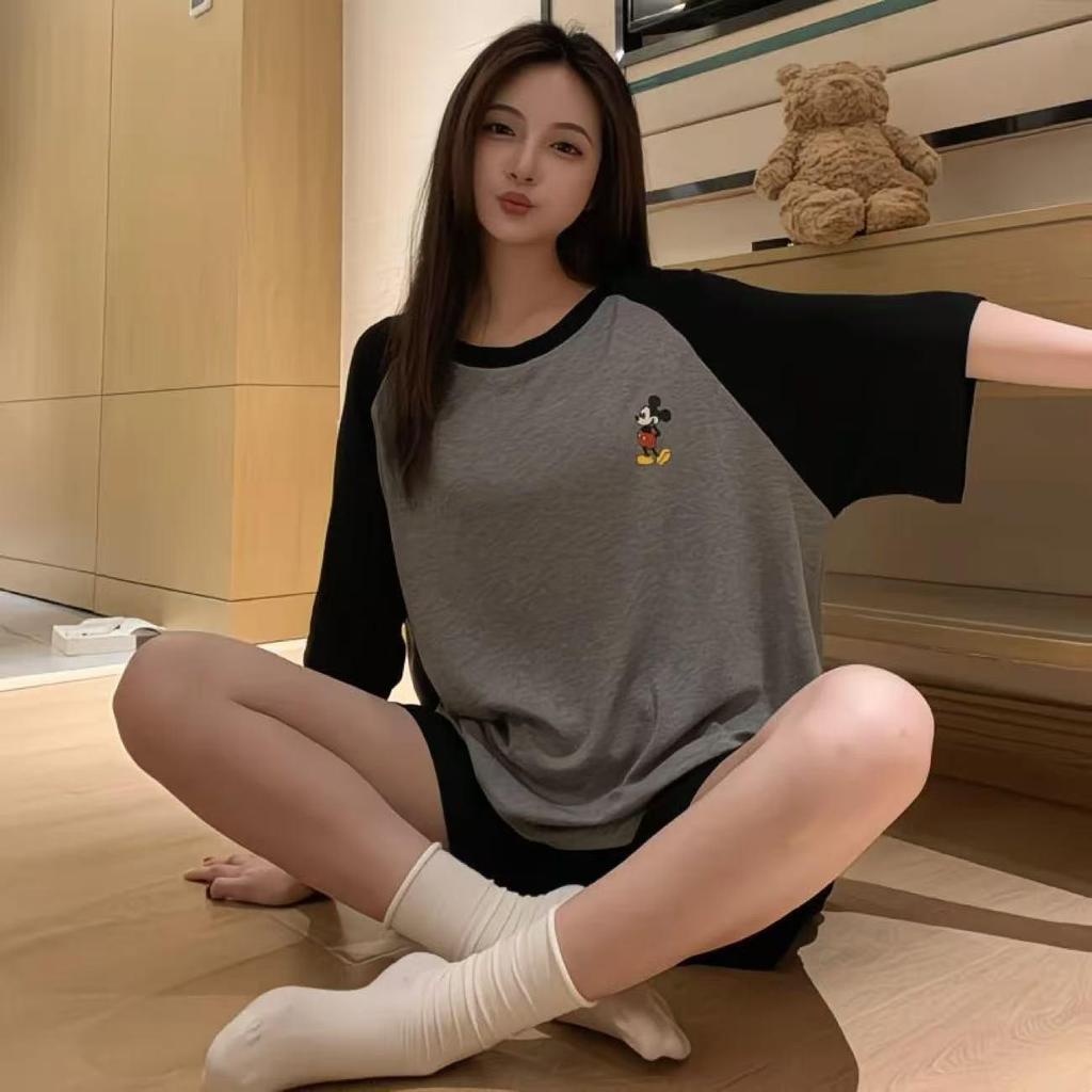Women's Summer Cotton-Like Pajama Set: Raglan Short-Sleeve Top & Shorts with Cute Cartoon Design, Suitable for Home or Outdoor Wear
