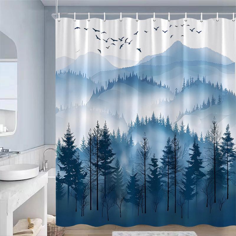 Misty Forest Shower Curtains Pine Trees Mountain Plant Birds Blue Abstract Art Landscape Polyester Fabric Bathroom Curtain Decor