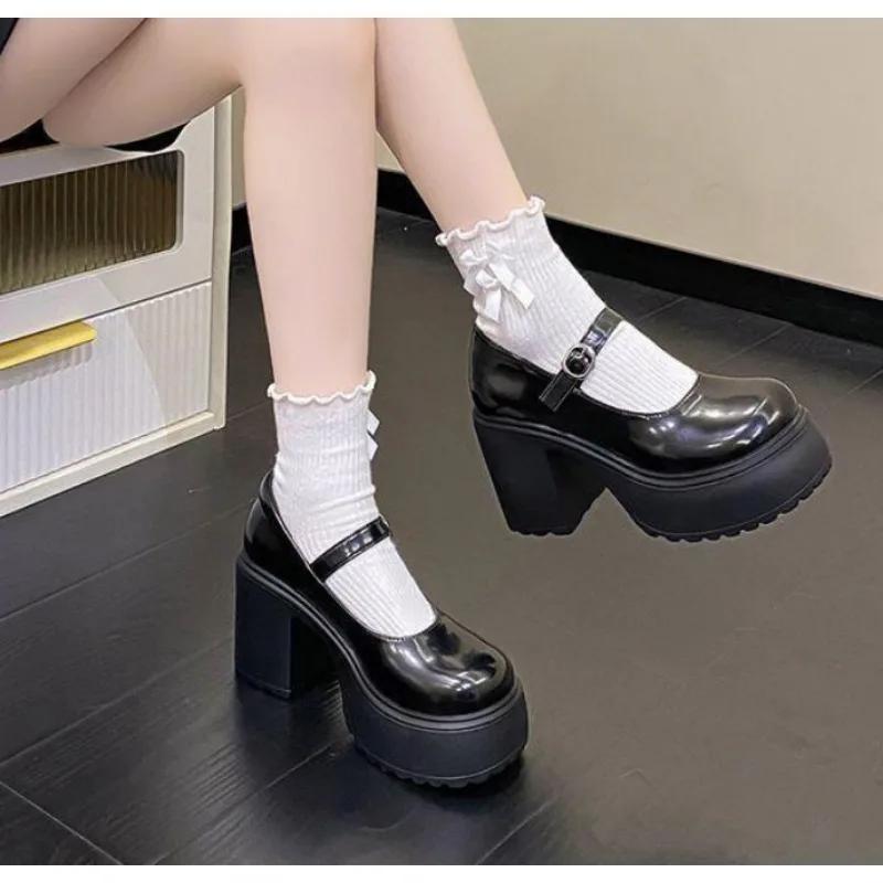White Super High Heels  Shoes for Women Patent Leather Chunky Platform Pumps Woman Gothic Buckle Strap Lolita Shoes