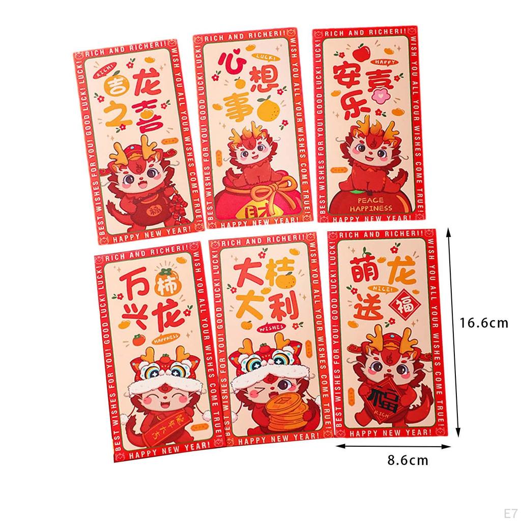 6 Stück Chinesisches Mondjahr Rote Umschläge Glücksgeld Geschenke Präsent Beste Wünsche Drache Hong Bao