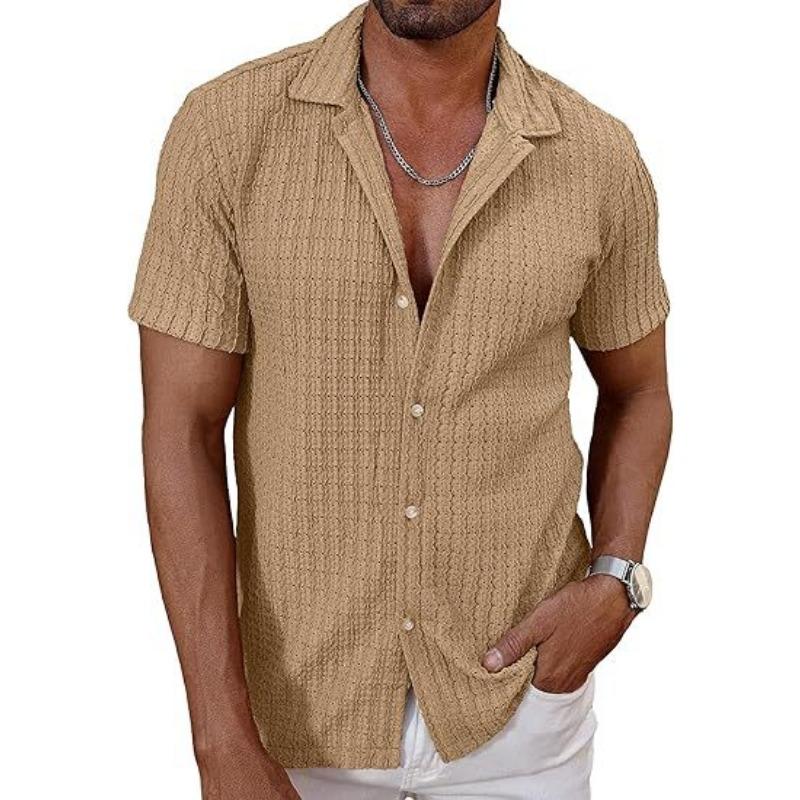 Mens Casual Textured Short Sleeve Cuban Collar Button Up Shirt
