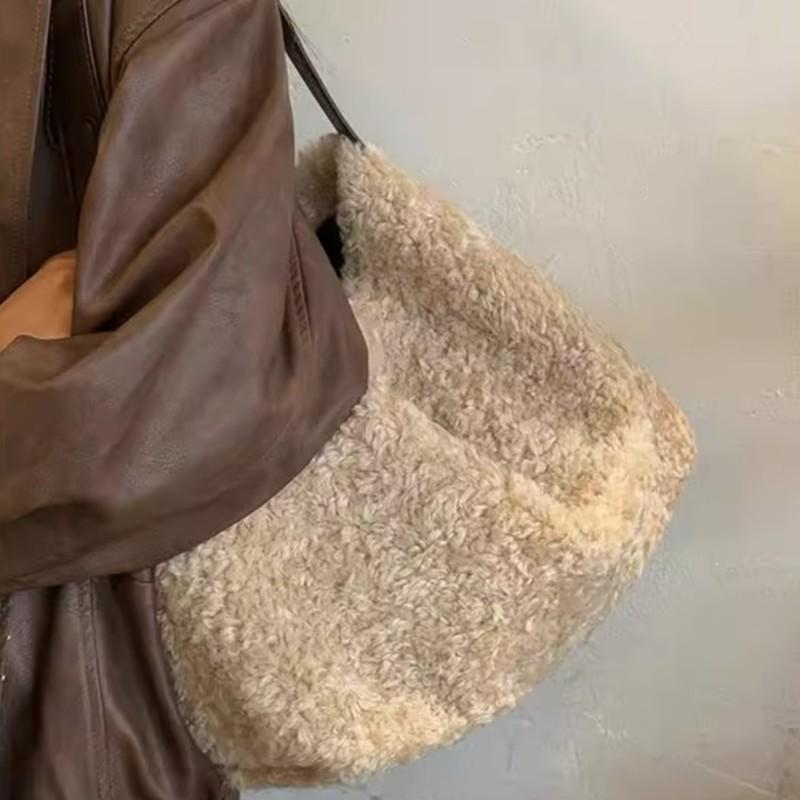 Vintage Faux Lambswool Handbag Women Lazy Style Large Capacity Tote Bag Ladies Fashion Premium Luxury Simple Office Shoulder Bag