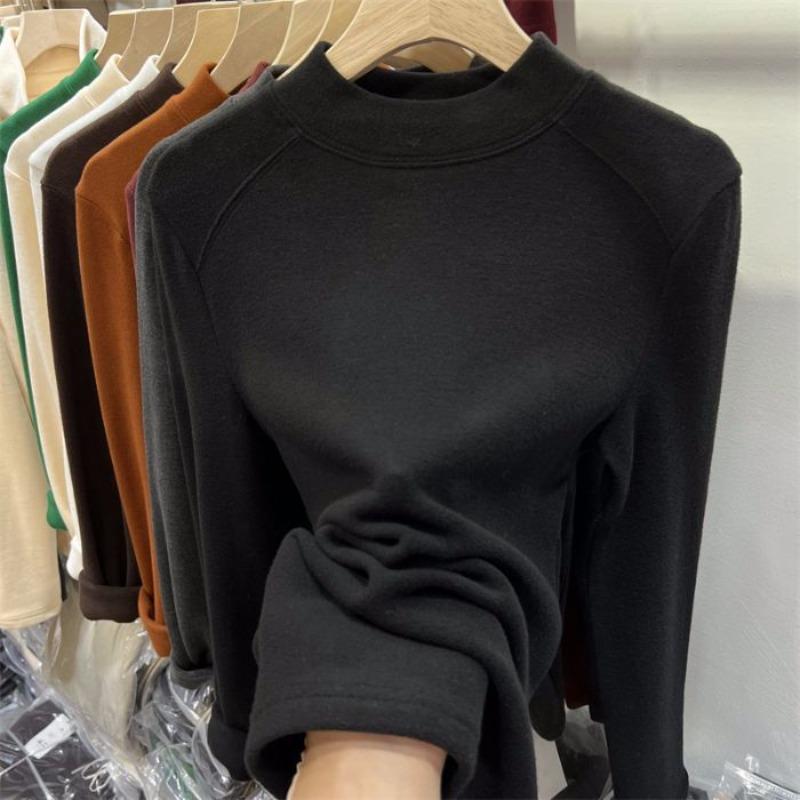 Solid Color German Fleece Polished Warm Semi-turtleneck Bottoming Shirt Women's Autumn and Winter Slim-fitting Fleece Long-sleeved T-shirt