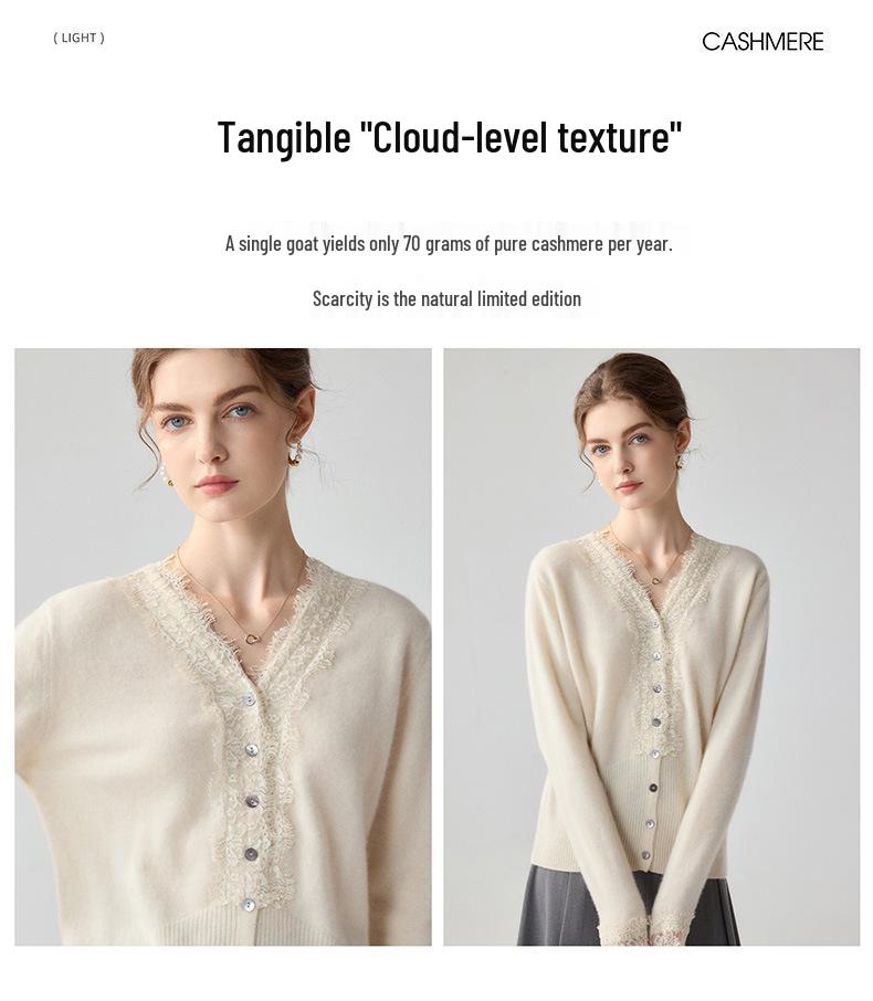 Lekasha Women's Cashmere Lace-Trim V-Neck Cardigan Sweater