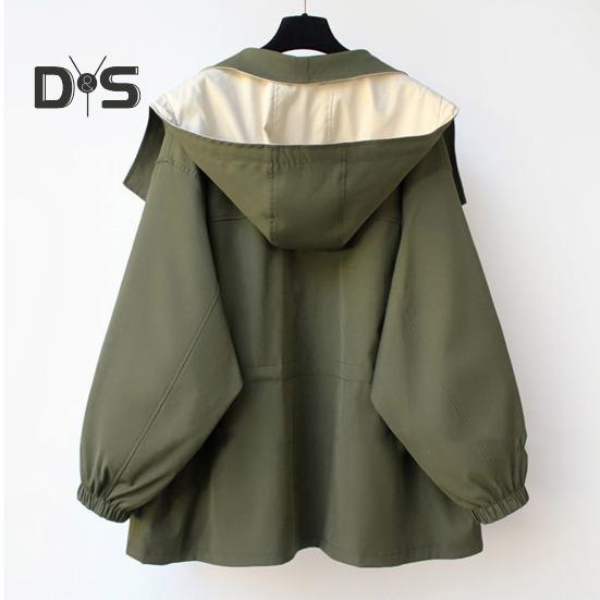 Women Windbreaker Hooded Patchwork Colorblock Zipper And Button Closure Long Sleeves Tight Waist Loose Coat Cargo Style Outdoor Jacket