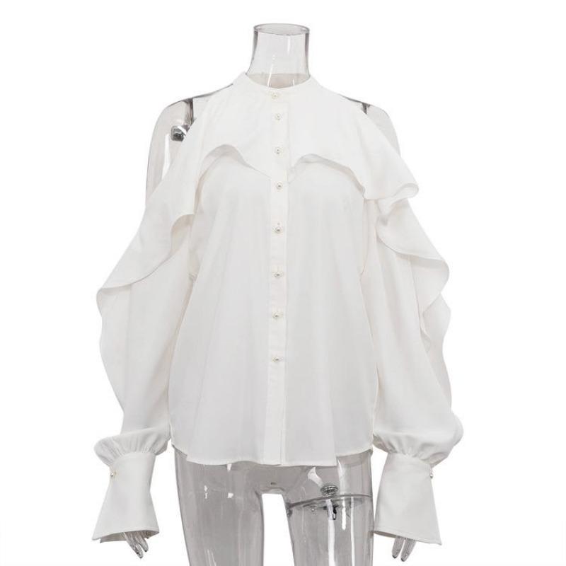 Sexy Loose White Women's Shirt Fashion O-Neck Off Shoulder Long Sleeve Shirts Elegant Classic Ruffle Top Female Clothing