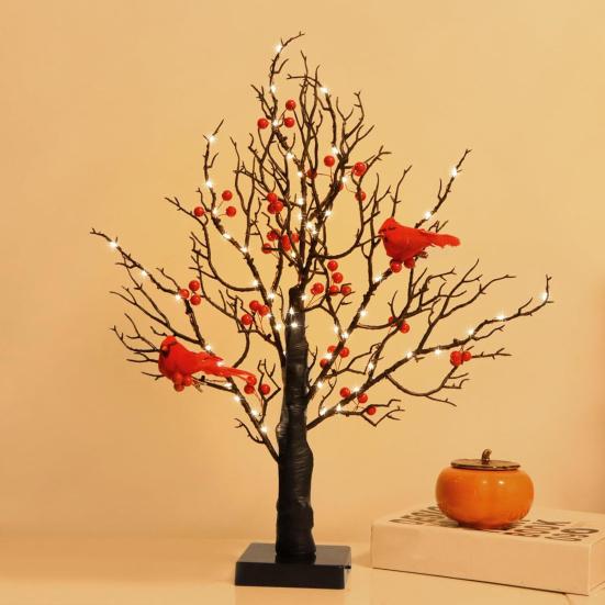 LED Vintage Glowing Tree with Cardinals Battery Operated Twinkle Trees Lamp with Lighted Branches Christmas Halloween Decorations